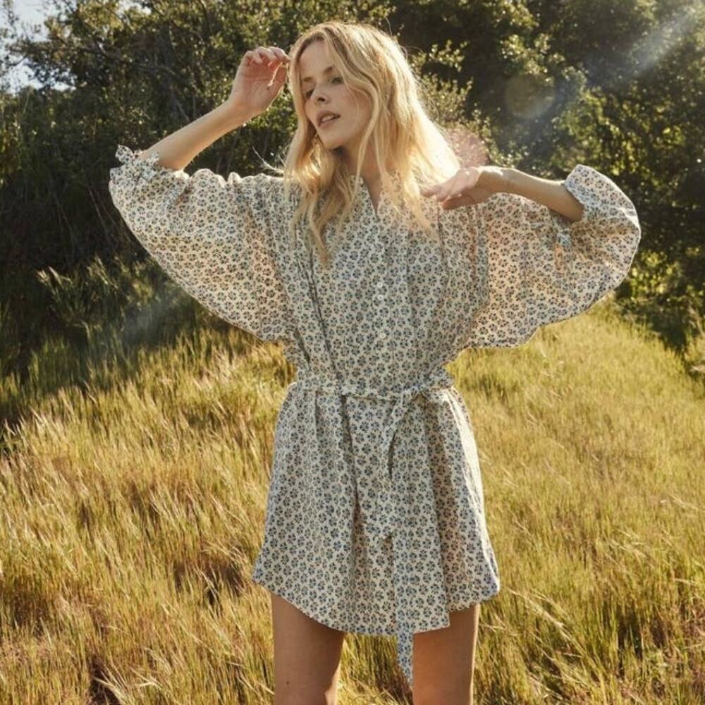 NWOT DOEN Opal Mini Dress Blue Floral Meadow Print M